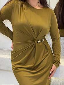 NegzBox Women's Modern Round Neck Ruched Button Decor Waist Fitted Bodycon Side Slit Long Sleeve Dress Roupa Para A Universidade Fall Cloth For Women