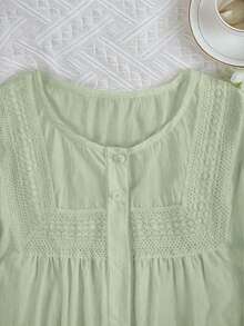 Resyla Áo cánh dài tay màu trắng viền ren cho nữ, trang phục thường ngày thanh lịch cho kỳ nghỉ - màu xanh lá - Xem 4