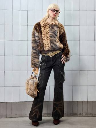 ROMWE Avant Women's Retro Vintage Leopard & Tiger Print Patchwork Faux Fur PU Splice Contrast Color Jacket