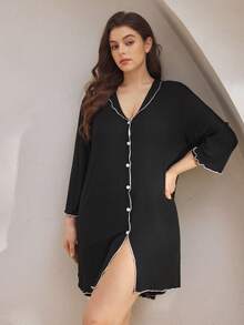 Ocili Plus Size Ribbed Comfortable Ruffle Collar Shell Button Nightgown, Cozy Outfit, Fall & Winter - Black - View 6