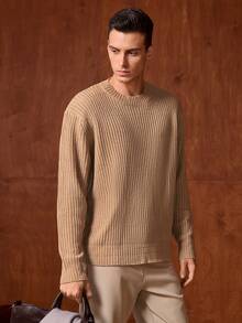Officeau 白悦男士秋冬复古老钱风针织毛衣，宽松圆领纹理套头衫 - 卡其色 - 查看 7