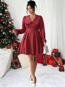 Elenzga Vintage French Style Christmas Red Plaid Ruffle Hem Babydoll Dress, Autumn/Winter - Red - View 5