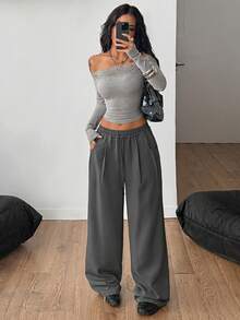 Coolane 女式黑灰色编织抽绳腰阔腿裤 - 深灰色 - 查看 5