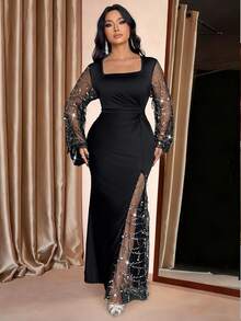 Cravure Plus Size Women's Square Neck Sequin Mesh Splice Dress, Stretchy Elegant Party Long Sleeve High Slit Mermaid Hem Gown, Autumn/Winter - Black - View 5