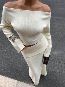 SHEIN EZwear Women Elegant Cream White Off Shoulder Sweater & Long Skirt Two Pieces Outfit,Autumn Tea Party Winter Clothes,Christmas New Year Party Outfits - White - View 4