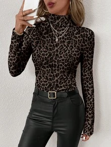 SHEIN Clasi Women's Casual Leopard Print Turtleneck Base Layer T-Shirt, Suitable For Autumn/Winter - Multicolor - View 5