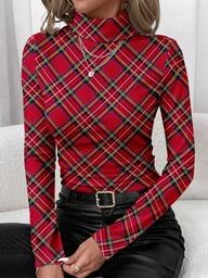 SHEIN Clasi Casual Minimalist Women's Christmas Plaid Print High Neck Base Layer T-Shirt, Suitable For Autumn/Winter, Family Wear, Chic, Party