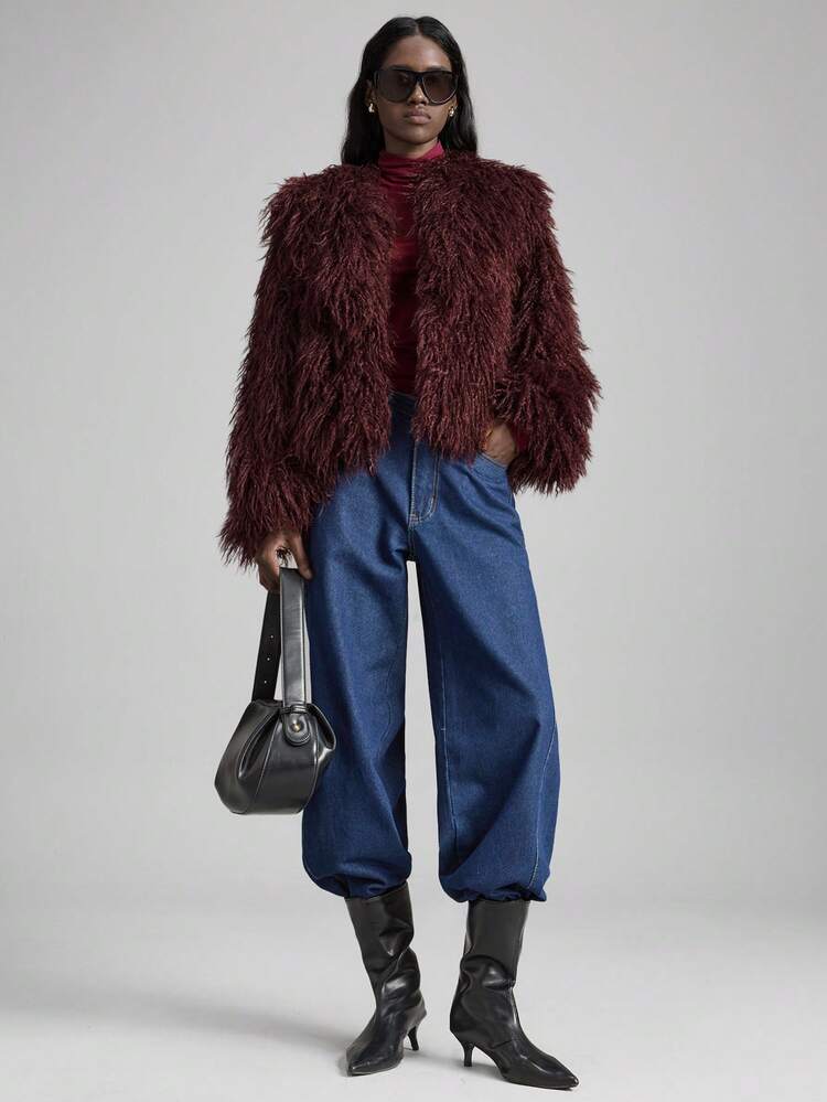 Women's Burgundy Faux Fur Winter Jacket,Elegent Evening Deep Purple Oversized Collar Loose Drop Shoulder Long Sleeve Coat With Pockets,Christmas Party