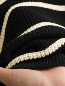 CosyJoli 大码女式V领长袖条纹套头毛衣，日常穿着，后背蝴蝶结设计，休闲时尚 - 黑與白 - 查看 9