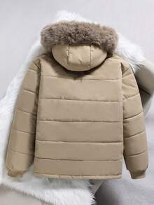 Teen Boy 1pc Black Thermal-Lined Hooded Parka With Fur Collar For Teenage Boys, Fashionable Loose Fit Padded Coat Suitable For Autumn/Winter, Outdoor, Travel, School And Various Occasions