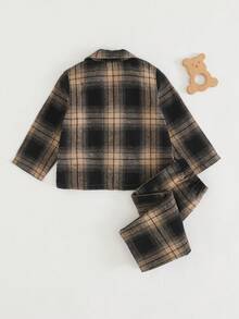 Cozy Pixies 男婴格子翻领长袖开衫上衣和松紧腰裤套装，两件套，保暖内衬，适合冬季穿着，休闲男婴服装，男婴睡衣，纯棉睡衣套装，男童格子图案男婴服装，男婴套装 - 黑與白 - 查看 2