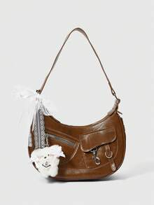 ROMWE Kawaii Women's Fashion Daily Commute Doll Brown Button Motorcycle Bag - Brown - View 1