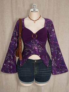 SHEIN ICON 大码女式时尚长袖T恤 - 紫色 - 查看 1