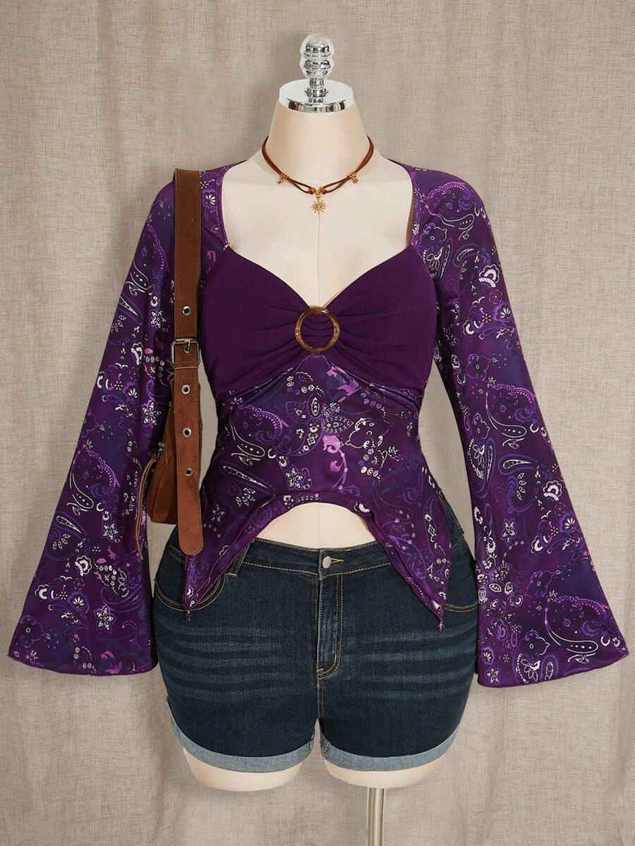 SHEIN ICON 大码女式时尚长袖T恤 - 紫色 - 查看 1