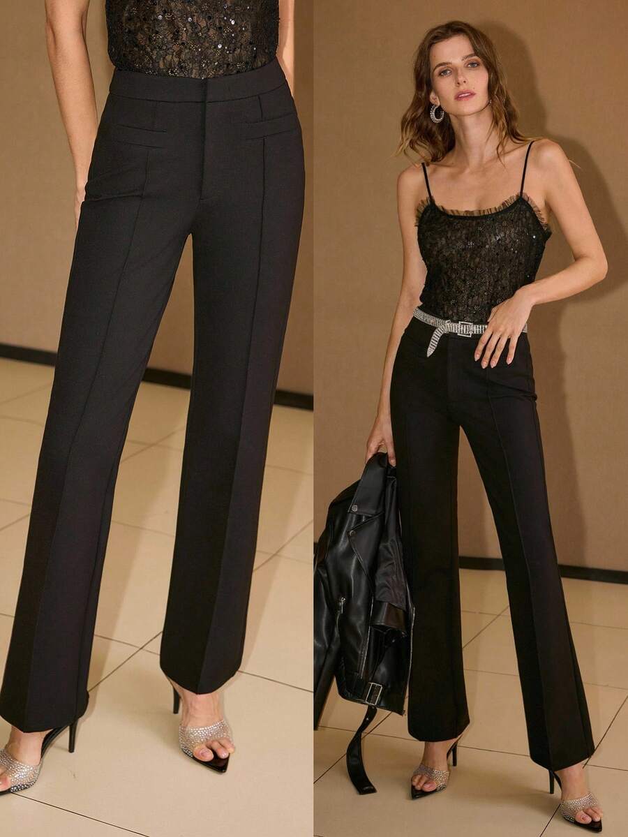 MOTF PREMIUM SOLID SEAM FRONT STRAIGHT LEG PANTS - Black - View 1