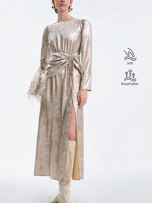 Aalyst Vestido de cola de pez súper largo, cuello redondo, manga de cordero, decoración plisada colgante, textura brillante de satén, adecuado para fiestas diarias, banquetes, alfombra roja, Halloween, Navidad, Año Nuevo, Acción de Gracias, uso para fiestas locas, fiestas nocturnas, invitados de alfombra roja, opciones de estilo de dama para primavera, otoño e invierno - Champán - Ver 2