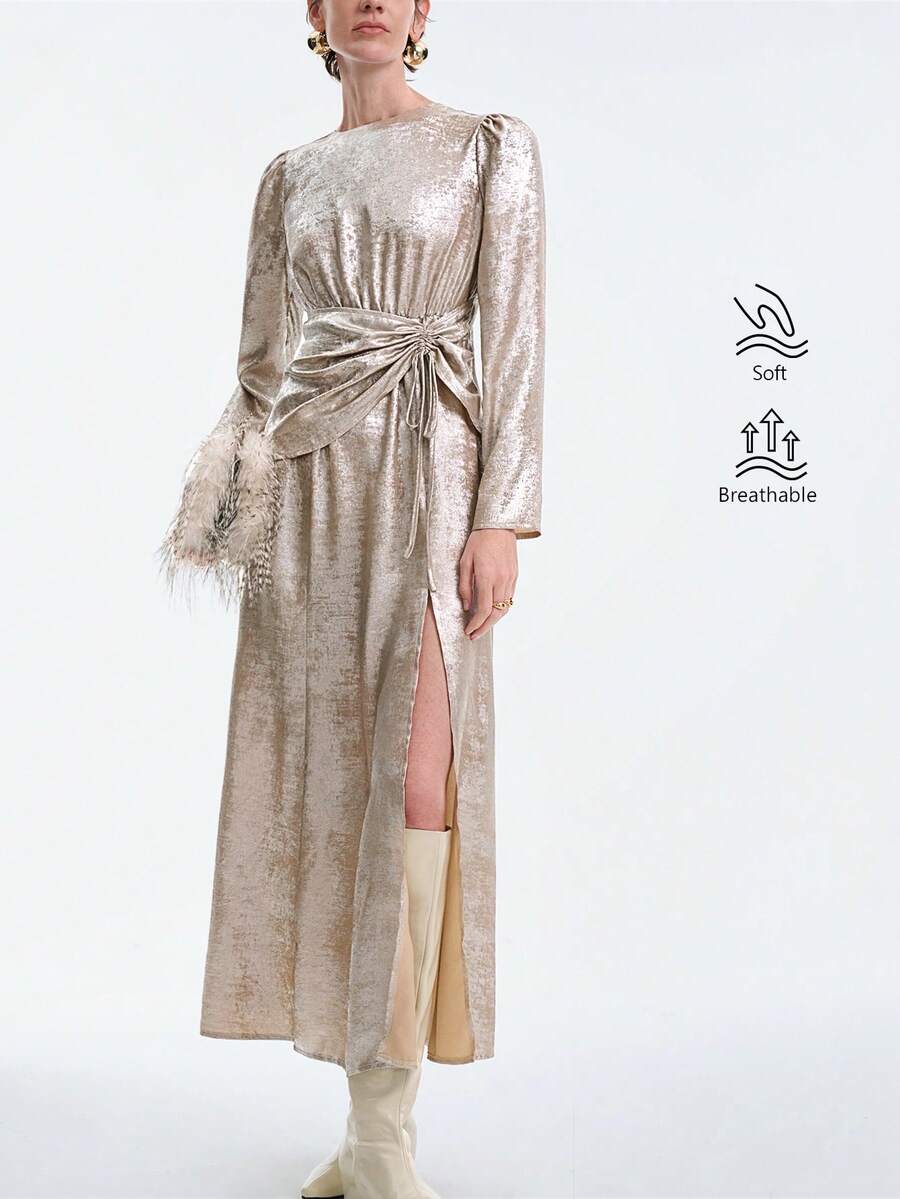 Aalyst Vestido de cola de pez súper largo, cuello redondo, manga de cordero, decoración plisada colgante, textura brillante de satén, adecuado para fiestas diarias, banquetes, alfombra roja, Halloween, Navidad, Año Nuevo, Acción de Gracias, uso para fiestas locas, fiestas nocturnas, invitados de alfombra roja, opciones de estilo de dama para primavera, otoño e invierno