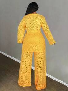 Veslaya Amarillo Mostaza,Otoño,Casual Elegante,Conjunto de 2 Piezas de Punto para Mujer Talla Grande,Conjunto de Cárdigan de Crochet de Manga Larga y Pantalones,Atuendo de Estilo Callejero Occidental - Amarillo - Ver 2