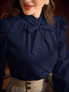 Vintamour 大码女装春秋季时尚优雅舒适日常宽松复古杏色长袖纽扣衬衫，女式衬衫，教师服，办公上衣，曲线衬衫，商务休闲女装，工作服女装，长袖上衣 - 藏蓝色 - 查看 2