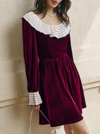 Cévolie 标准尺码女士圆领波点拼接长袖休闲褶皱连衣裙