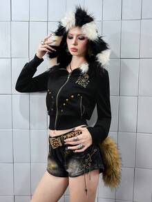 ROMWE J-Fashion Shibuya Girl Chic Bronze Rivet Contrast Fuzzy Trim Fitted Cropped Women Sweatshirt Jacket - Black - View 1