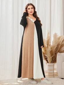Lacomfia Vestido largo de punto de textura de parchwork holgado y casual para mujer de talla grande, adecuado para otoño/invierno - Multicolor - Ver 5