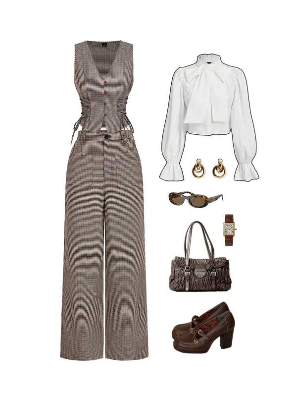 SHEIN MOD V-Neck Sleeveless Side Tie Waist Straight-Leg Pants Houndstooth Blazer Suit – Autumn & Winter, Back-To-School Preppy, Business Casual Women's Office Suit, Professional, Vintage Luxury Style, Commuter Wear,Winter Clothes ,Christmas Outfit,New Year Outfit,Thanksgiving Outfit For Women