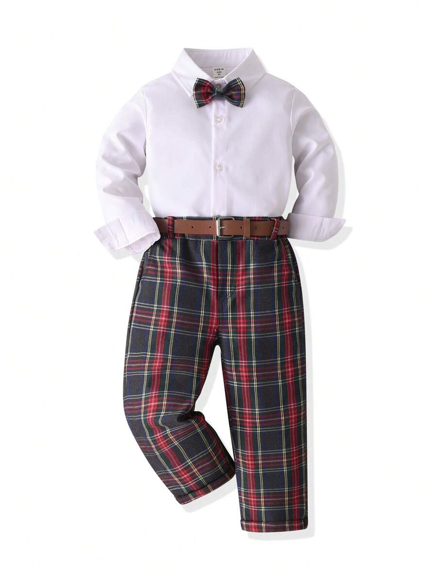 SHEIN 2 Stücke Gentleman Outfit für Kleine Jungen, weiß Langarm Hemd mit Knöpfen und burgunderrote karierte Anzughose, elegante Fliege, modischer Gentleman Stil, geeignet für Geburtstagsfeiern, formelle Anlässe, Hochzeiten, Taufen, Schulanfang, Halloween, Weihnachten - Verschiedenfarbig - Übersicht 1