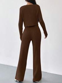 SHEIN EZwear Sommer Schwarz Y2K Gerippter Strick Cardigan & Weite Bein Strick Hose Zweiteiler - Kaffeebraun - Übersicht 2