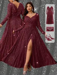 Ellevyn Đầm dự tiệc tay dài xẻ eo cỡ lớn cho nữ - Màu Đỏ Sâu - Xem 1