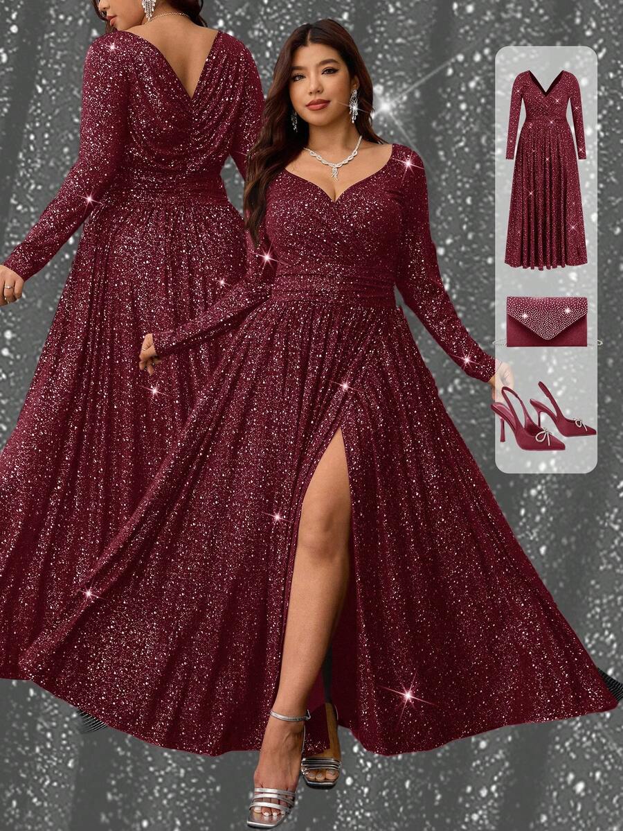 Ellevyn Đầm dự tiệc tay dài xẻ eo cỡ lớn cho nữ - Màu Đỏ Sâu - Xem 1