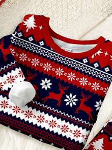 SHEIN Baby Boy Christmas Pajama Set,Cute Red And White Striped Reindeer Fair Isle Pattern Cozy Long Sleeve Top&Pants Snug Fit Lounge Pajamas For Autumn - Multicolor - View 4