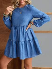 EMERY ROSE Women's Round Neck Lantern Sleeve Casual Denim Dress With Button Back Design And Ruffle Hem - Blue - View 6
