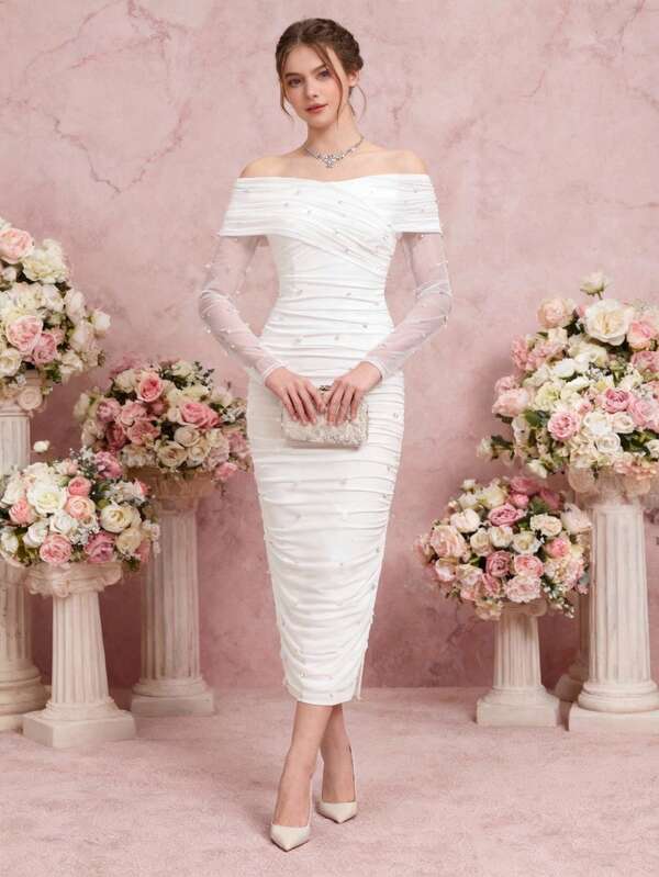 Pitira Elegante vestido maxi ajustado y ceñido con hombros descubiertos, decorado con perlas y volantes, para fiestas, para adolescentes, Día de San Valentín