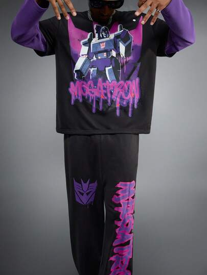 Transformers X SHEIN 男士休闲机器人字母图案落肩卫衣和运动裤套装，秋季