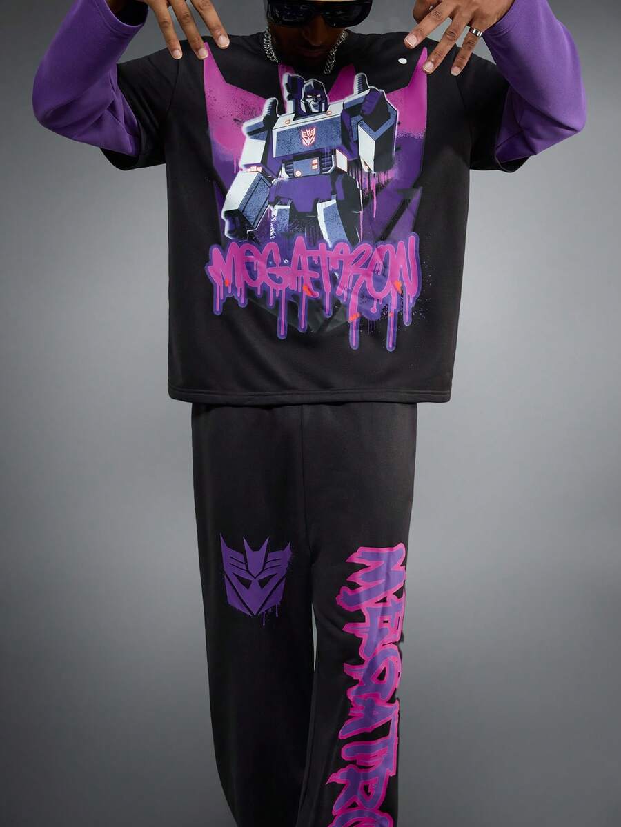 Transformers X SHEIN 男士休闲机器人字母图案落肩卫衣和运动裤套装，秋季 - 黑色 - 查看 1
