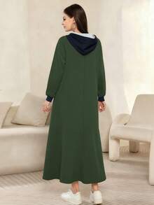 Modelyn NYC Letter Graphic Print Olive Green Fashionable Hooded Raglan Sleeve Long Sleeve Maxi Dress For Women, Spring/Autumn - Multicolor - View 2