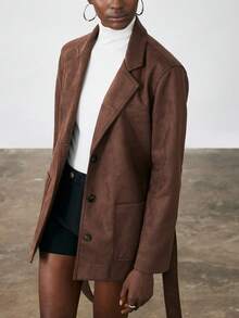 Aveloria Modichic Brown Suede Faux Fur Collar Belted Windbreaker, Classic Suit Collar Design With Adjustable Waist Belt
