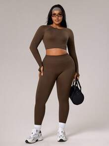 Rhythm Era Ensemble Top à manches longues sans couture et leggings taille haute pour femmes grande taille - Vert olive - Voir 6