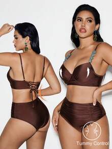 Shapewave 两件套女士塑形钢圈加厚比基尼套装，后背交叉系带设计，侧边褶皱内裤，适合夏季海滩度假 - 咖啡棕 - 查看 1