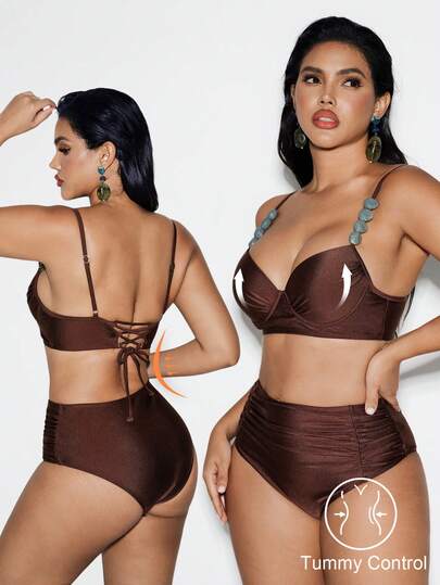 Shapewave 两件套女士塑形钢圈加厚比基尼套装，后背交叉系带设计，侧边褶皱内裤，适合夏季海滩度假