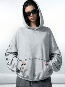 LYSMO 2025 Nueva sudadera minimalista de moda de otoño para mujer con ojetes de metal, sudadera oversize de otoño e invierno de color gris claro, sudadera estilo Y2K, moda grunge y punk, ropa Y2K para conjuntos, ropa de calle y estilo de Estocolmo, disfraces de Halloween