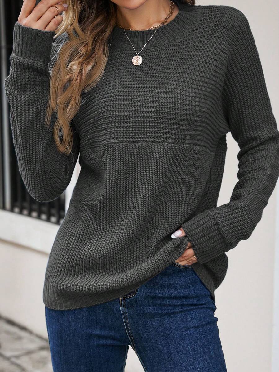SHEIN Essnce 女式纯色圆领蝙蝠袖长袖休闲毛衣，秋冬 - 深灰色 - 查看 1