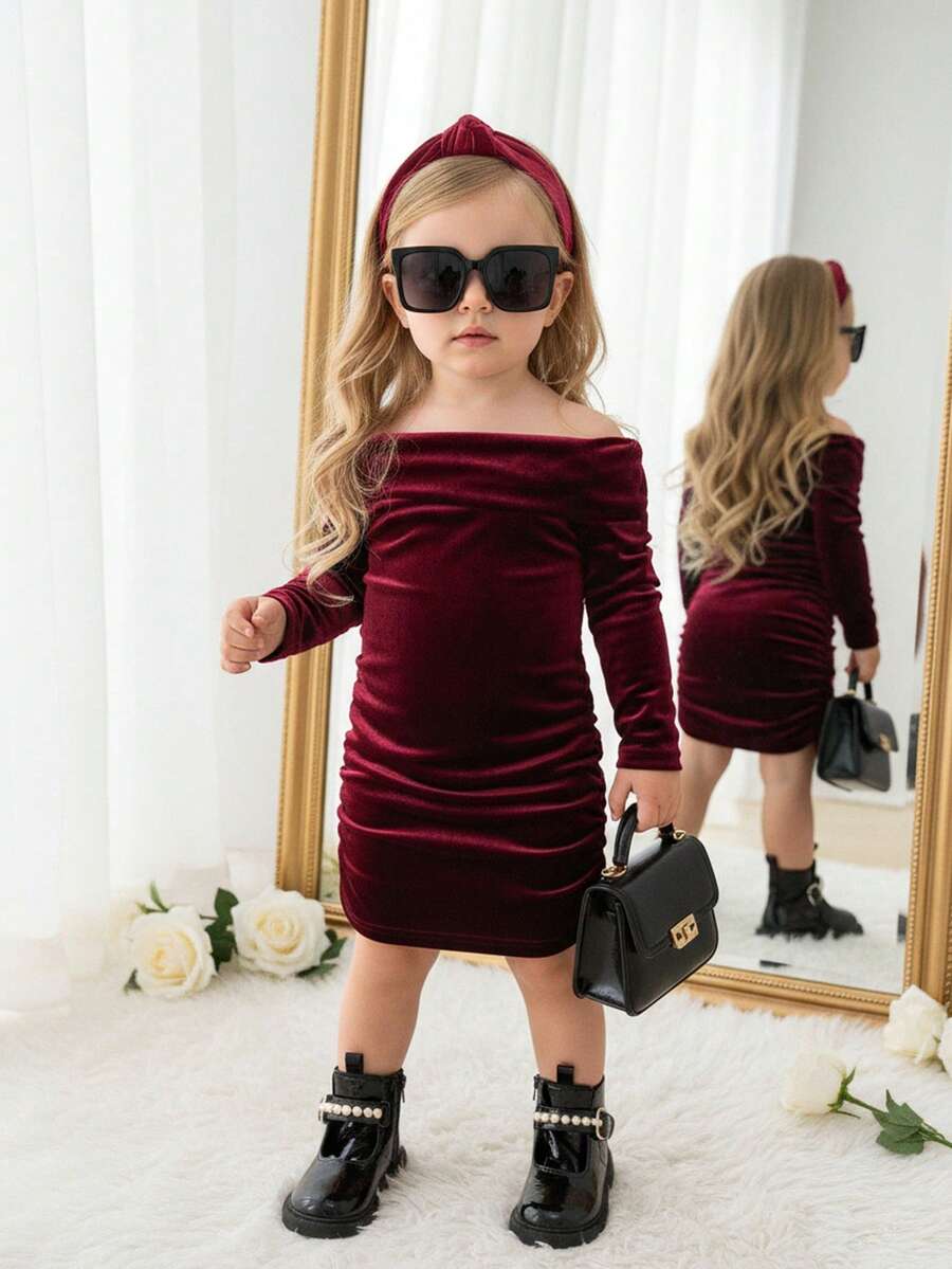 Babygirl 优雅天鹅绒红色长袖连衣裙 - 紅色 - 查看 1