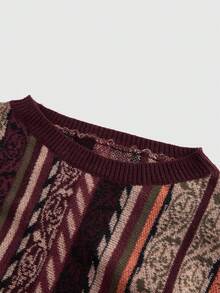 ROMWE Suéter de rayas verticales vintage de talla grande estilo hippie bohemio, suéter de mujer a rayas en tonos marrones, suéter a rayas retro de otoño/invierno - Burdeos - Ver 3