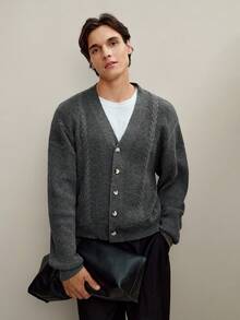 RONVEXI Áo khoác cardigan dệt kim dài tay, màu trơn, kiểu dáng thường ngày, dành cho nam, thích hợp mặc mùa thu/đông. Áo cardigan dệt kim cài nút màu xám dành cho nam, thuộc bộ sưu tập mùa thu. - Màu xám đen - Xem 6