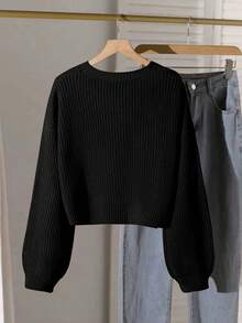 少女纯色休闲宽松套头毛衣，圆领，秋冬新款，百搭针织上衣，短款毛衣，纯色长袖上衣，毛衣上衣，美学长袖上衣，可爱毛衣，可爱上衣，长袖毛衣，短款毛衣，韩式美学宽松毛衣 - 黑色 - 查看 2
