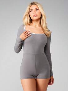 Missguided x Playboy Long Sleeve Square Neck Bodysuit Playsuit With Contrast Trim For Casual Loungewear - Grey - View 1