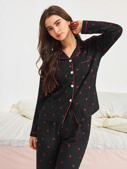 Bonmuse 樱桃印花睡衣套装，甜美可爱，长袖翻领纽扣上衣搭配长裤，家居服，秋冬季节，秋季服装