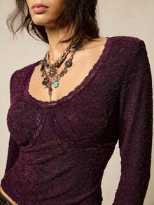 SoleilVie Women's Dark Purple Vintage Elegant Lace Top,Autumn Long-Sleeved Round Neck Jacquard Slim-Fit T-Shirt,Retro Patchwork Date Top For Christmas Holiday - Purple - View 2